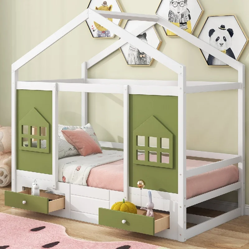 Olive Green Twin Size Wood House-shaped Bed with 2 Drawers and Window Decoration