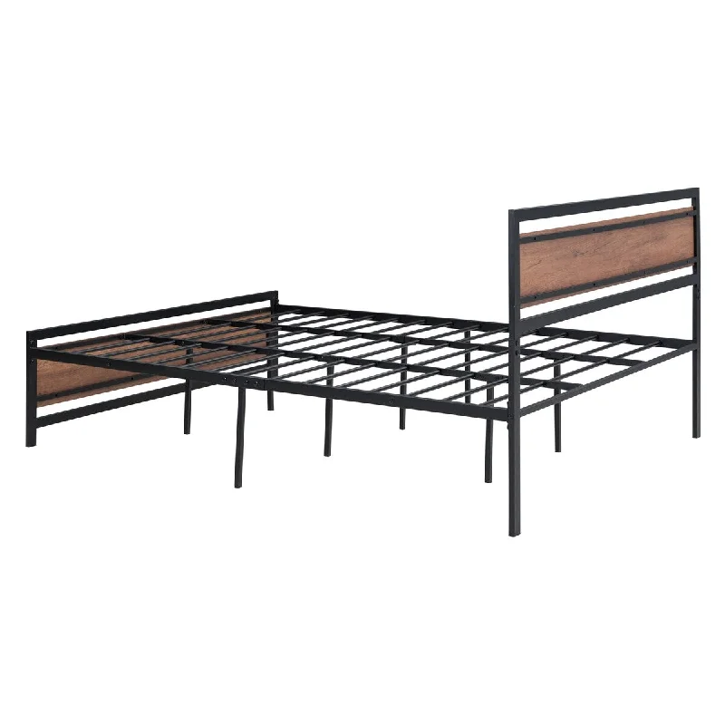 Queen Platform Bed, Metal and Wood Bed with Headboard&Footboard