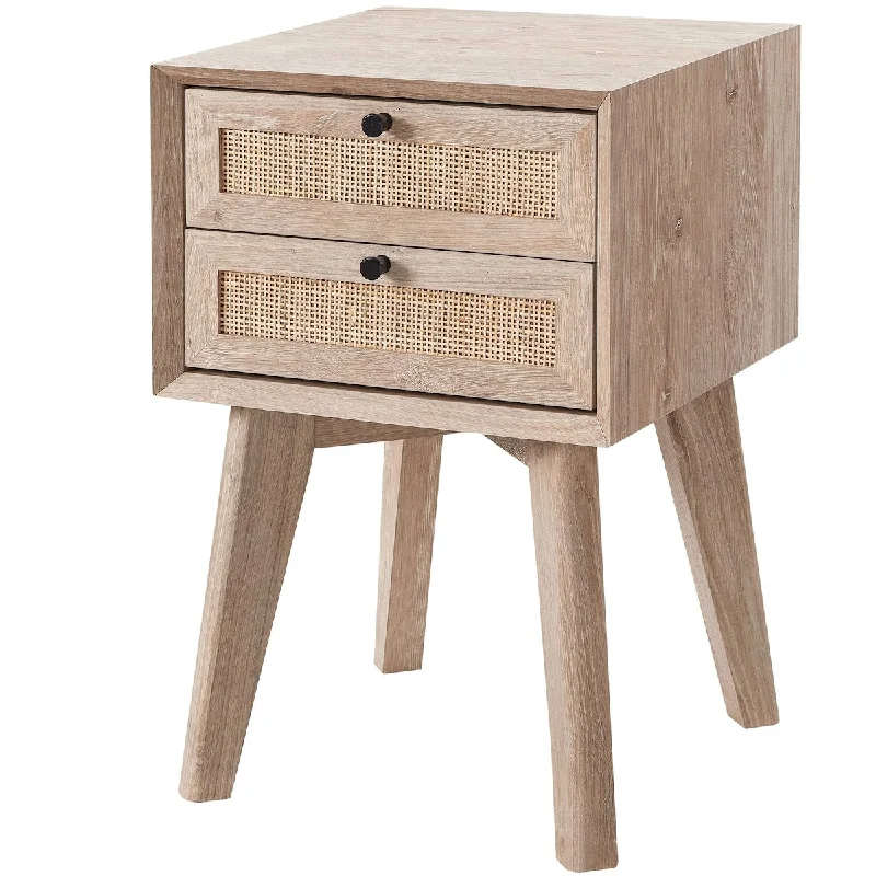 Rattan Nightstand, 16" Mid-Century Modern Side Table with 2 Natural Rattan Storage Drawers, Light Wood Boho Bedside Table