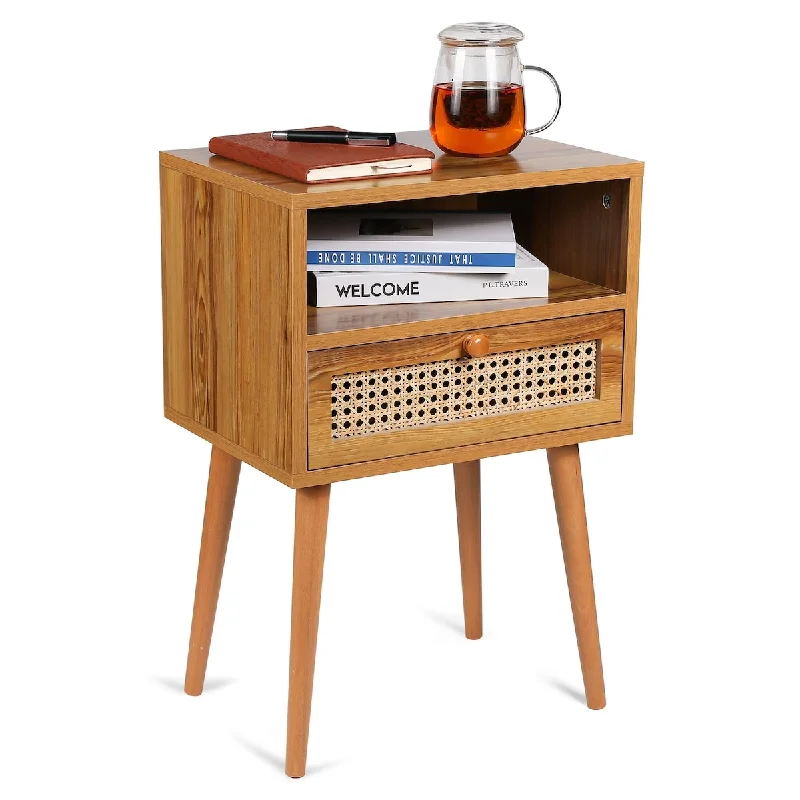 Rattan Nightstand Bedside Tables, Modern Wood Side Table Small End Table for Bedroom Living Room