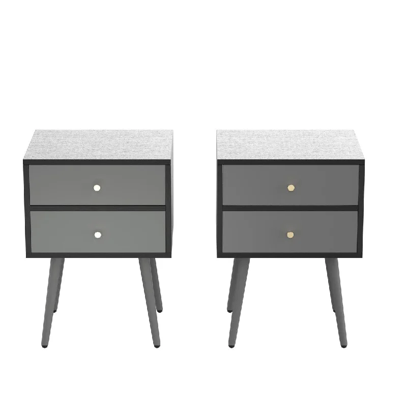 Set of 2 Dark Grey Wood and Metal Rustic Nightstands - 2 Drawers, Space-saving End Side Table for Bedroom