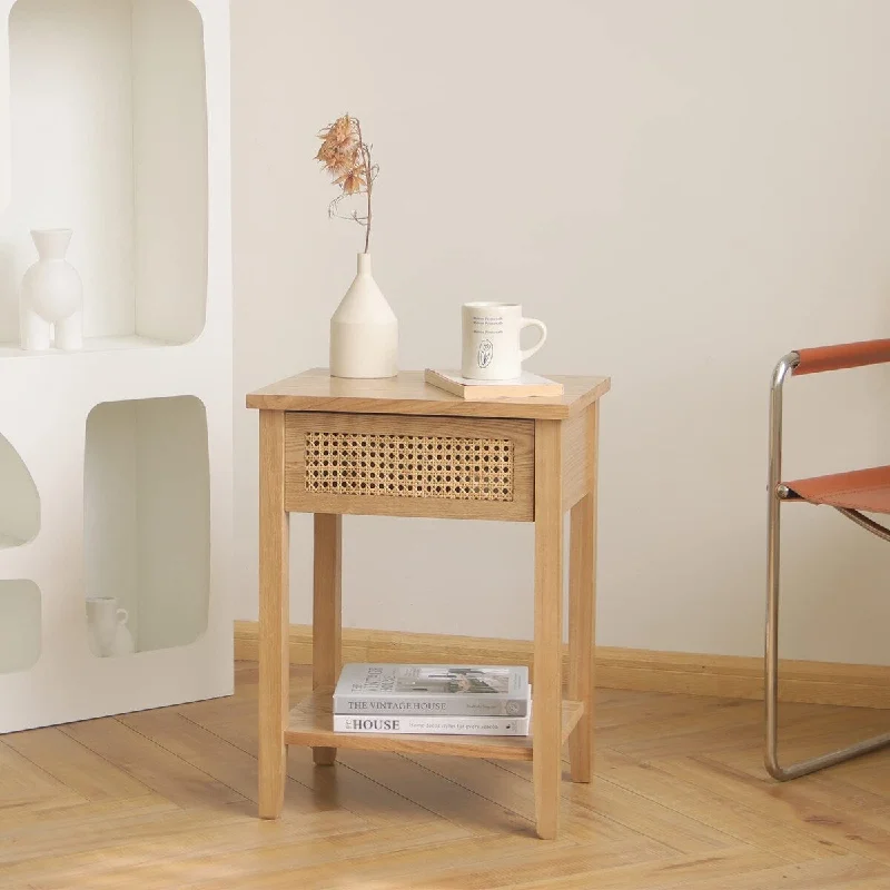 Small Nightstand with Drawer and Shelf, Rattan Side Table Bedroom, Mid Century Modern End Bedside Table Living Room