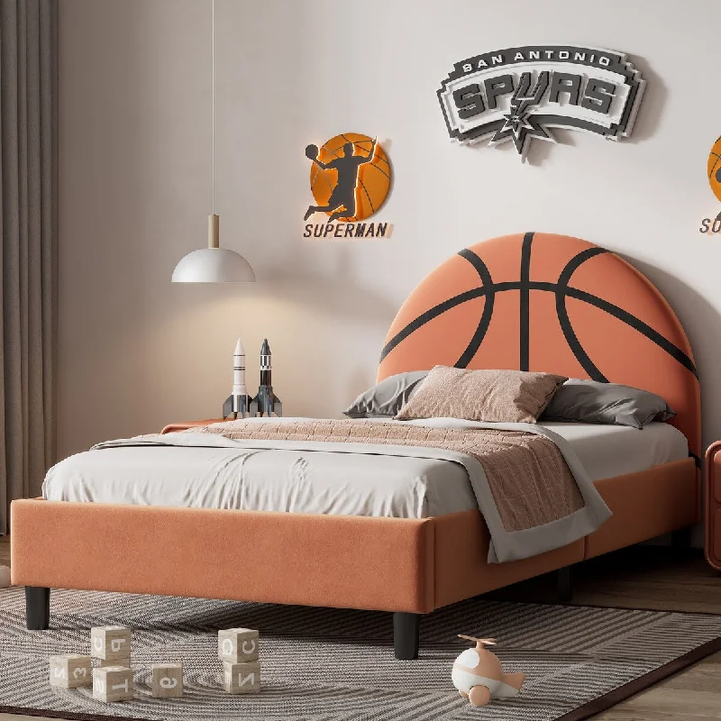 Twin Size Upholstered Platform Bed with Basketball Shaped Headboard, Sport Style Basketball Bed Frame w/ Slats Support for Kids