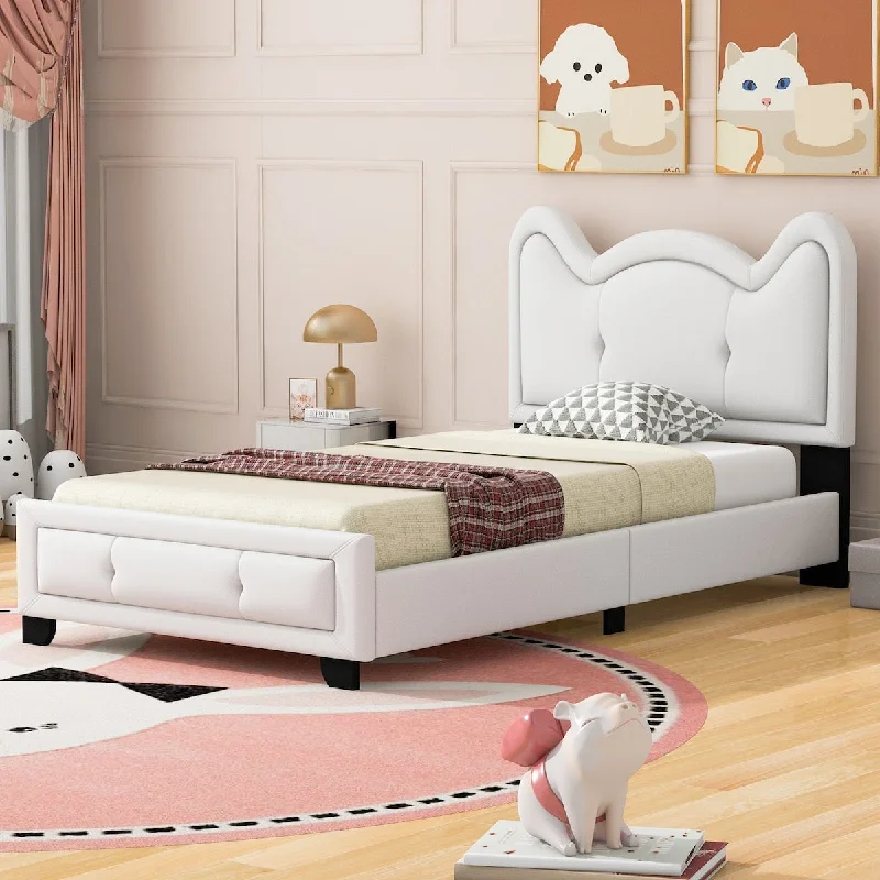 Twin Upholstered Platform Bed with Carton Ears Shaped Headboard