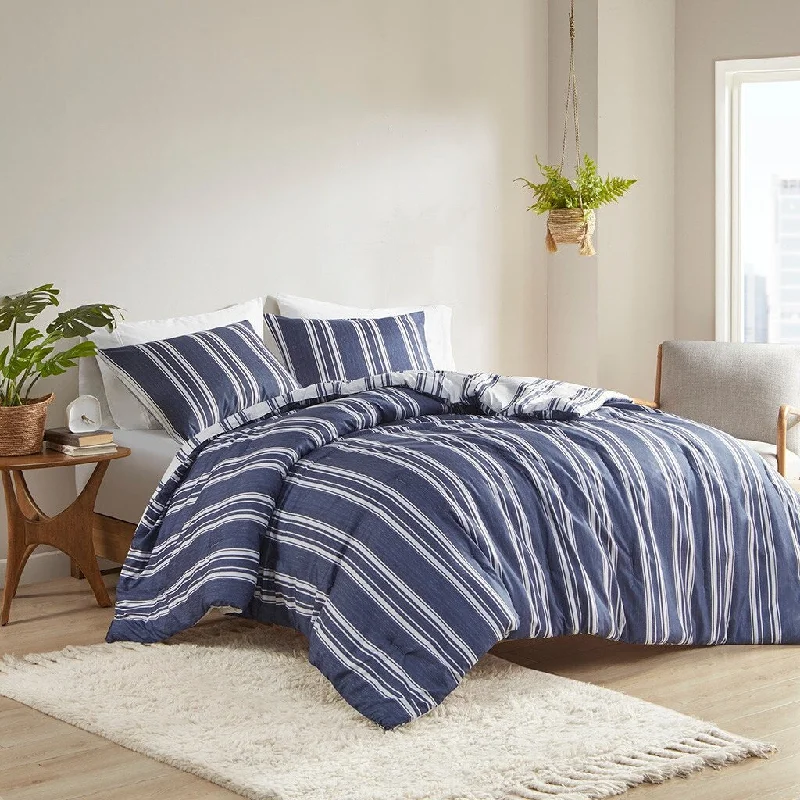 Ultra-Soft Lightweight Microfiber Reversible Blue Denim Stripes Comforter Bedding Set