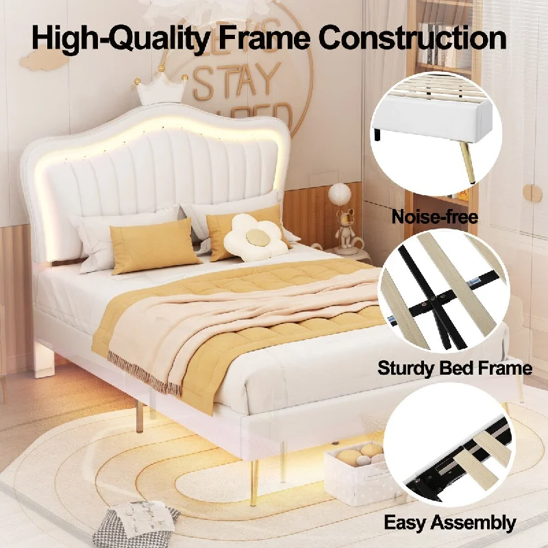 White Full Size Cute Kids Bed LED Lights Frame with Crown Headboard