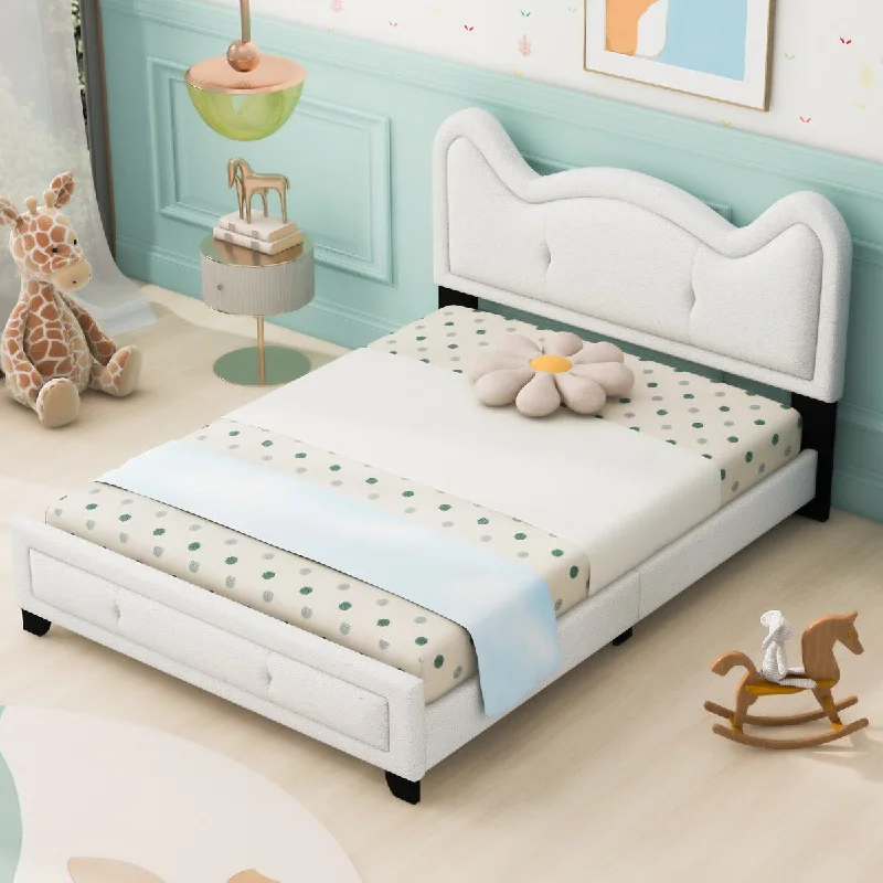 White Full Size Pine Wood Upholstered Platform Bed, Cartoon Ears Headboard, Sturdy Construction