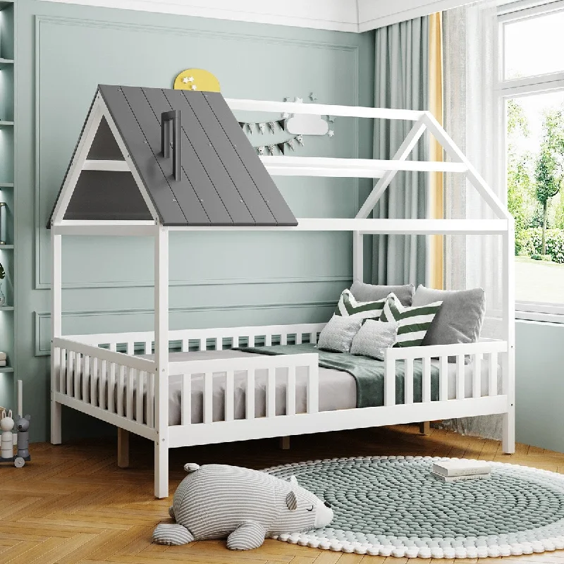 White+Gray Full House Bed Wood Platform with Fence