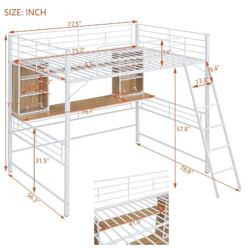 White Metal & Wood Full Size Loft Bed with Long Desk, Storage Shelves and Ladder, Full Length Guardrail, No Box Spring Required