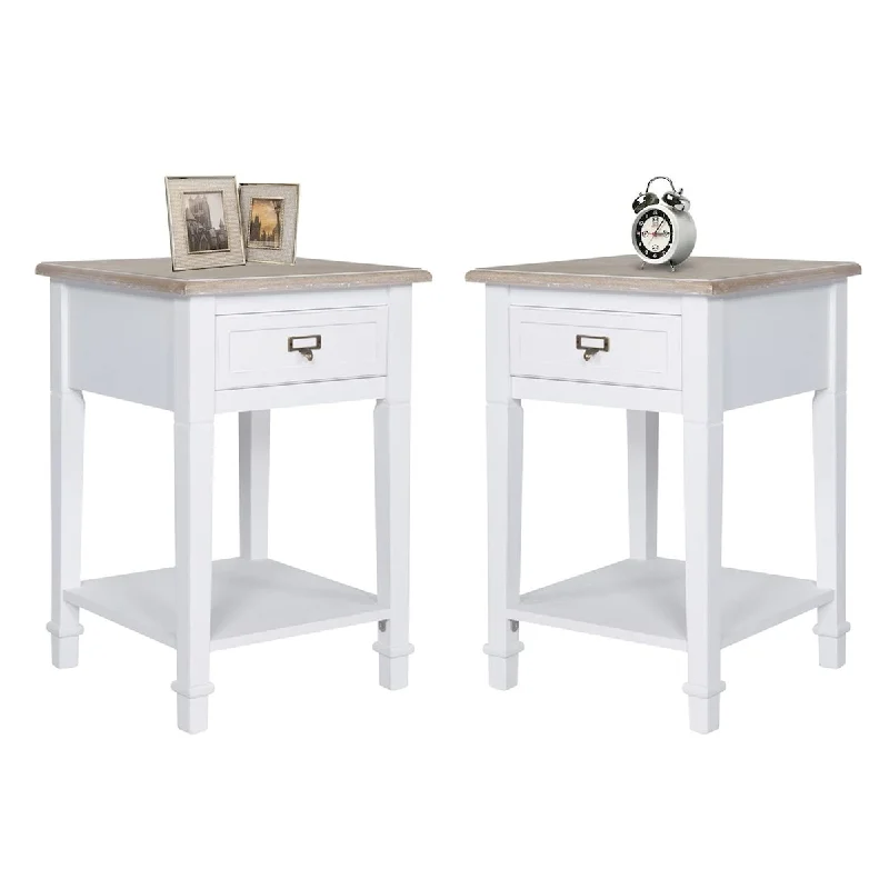 White Nightstand Set of 2 - Farmhouse End Table with Drawer, Rustic White Side Table for Living Room Bedroom