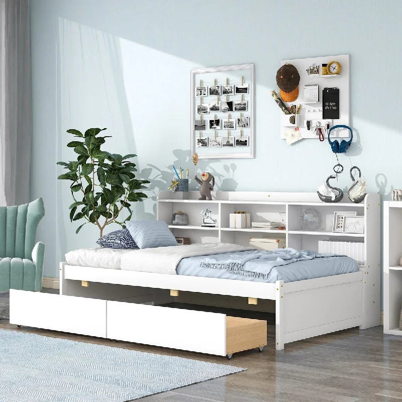 White Pine Wood Twin Bed with Full-Length Bookcase and Drawers - Space-Optimizing Design