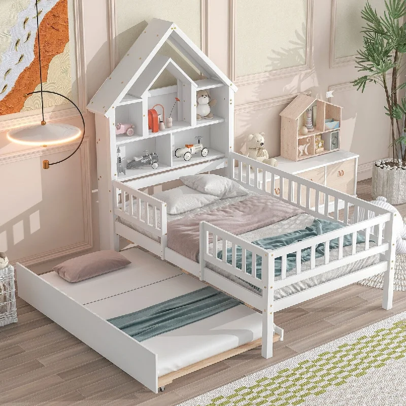 White Pine Wood Twin Size House-Shaped Bed with Fence Guardrails, Trundle, and Storage Headboard