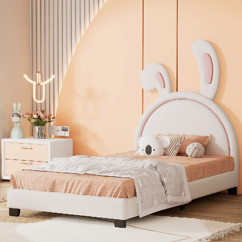 White Twin Size Rabbit Ornament Upholstered Platform Bed - High Load Capacity