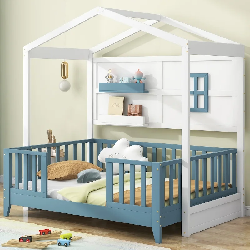 White Twin Size Wood House Bed with 2 Shelves and Guardrail