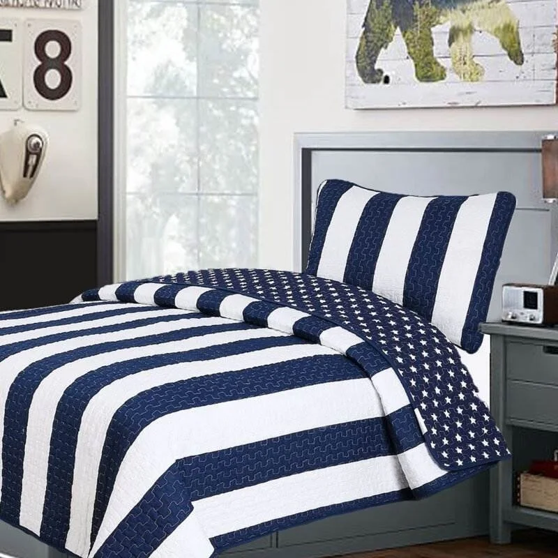 3 Piece Reversible Navy White Stars Stripes 100-Percent Cotton Quilt Set