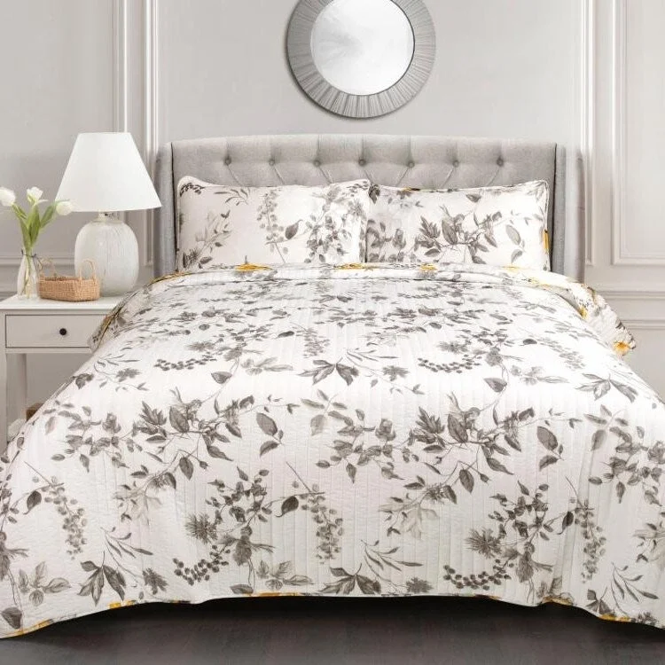 3 Piece White Yellow Grey Reversible Floral Birds Cotton Quilt Set