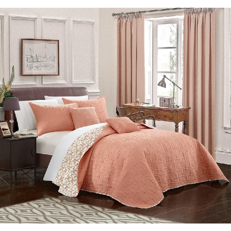 Chic Home 5-Piece Pamelia Quilted Fleur De Lis Coral Reversible Quilt Set