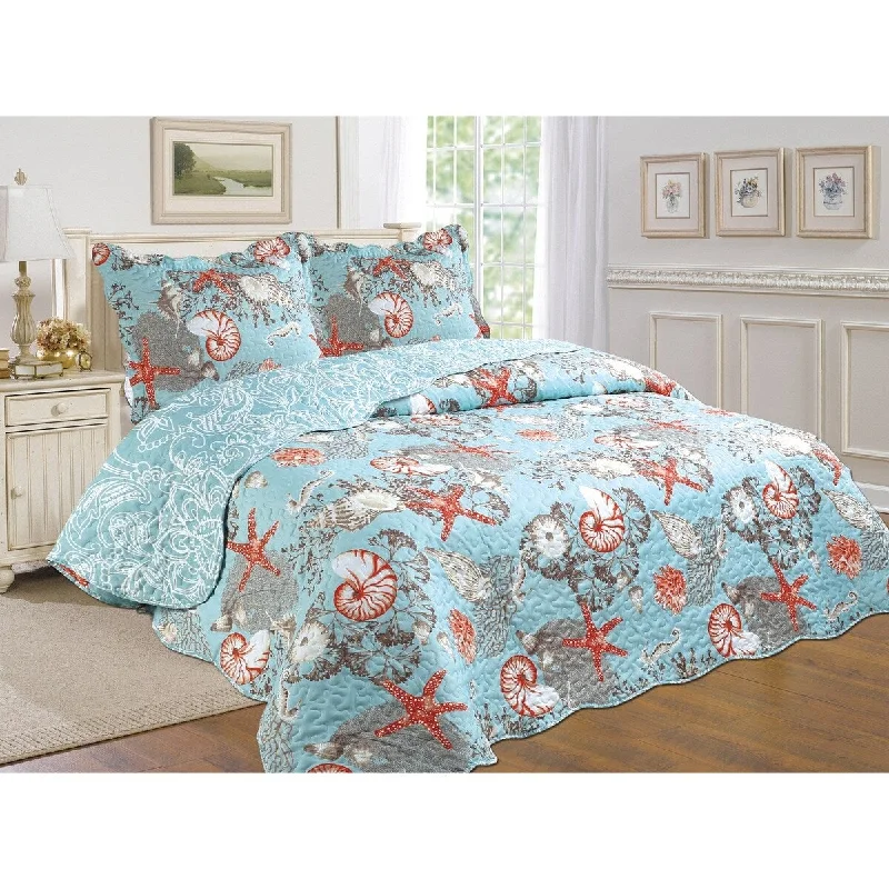 J&V Textiles 3 Piece Cotton Blend Reversible Quilt Set Blue