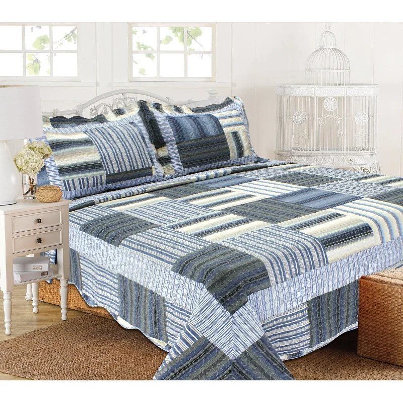 J&V Textiles 3 Piece Cotton Blend Reversible Quilt Set Blue