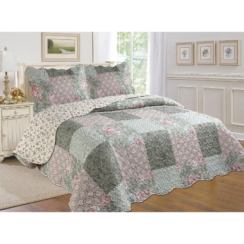 J&V Textiles 3 Piece Cotton Blend Reversible Quilt Set Green