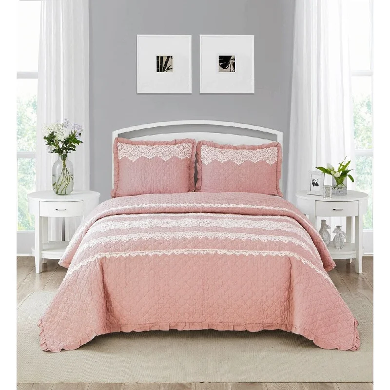 Wonder Home Duran 3PC Cotton Lace Embroidered Quilt Set, King, Pink