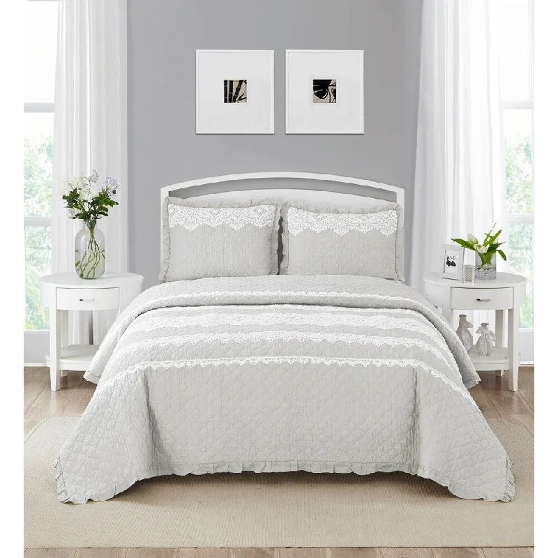 Wonder Home Duran 3PC Cotton Lace Embroidered Quilt Set, King, White