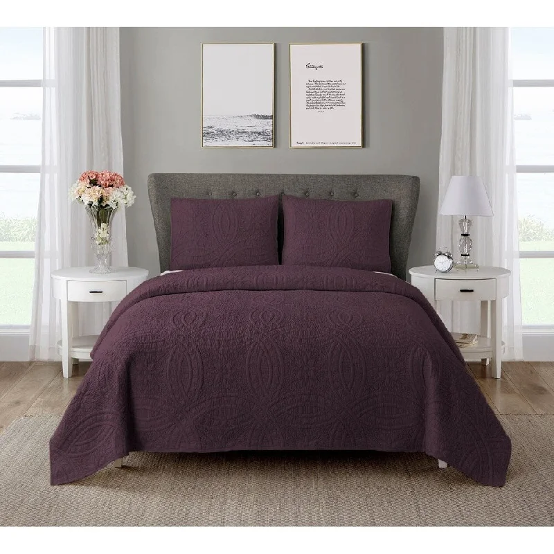 Wonder Home Martha 3PC Cotton Solid Quilt Set, King, Purple