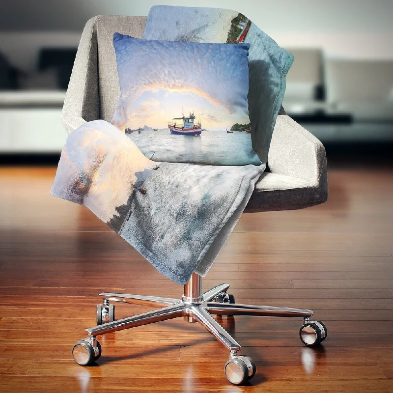 Designart 'Fishing Boat at Phuket Sunrise Beach' Modern Seascape Throw Blanket